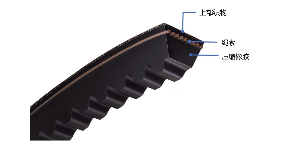 <strong>切边楔形齿状窄型</strong></br><strong>上布</strong>：它们具有高度的弹性，在皮带旋转过程中能适应弯曲和伸展而不产生压力，并具有高度的抗磨损性。</br><strong>芯线</strong>：它是皮带强劲和动力传输的中心部分。为了充分满足这一作用，芯线采用了高抗拉强度和低伸长率，具有很强的抗弯曲疲劳能力。<br/><strong>V型芯橡胶</strong>：使用特殊的复合橡胶，在高负荷下变形小，弹性大，具有很好的耐久性。</br><strong>衬衣</strong>：具有弹性，在旋转过程中能很好地弯曲，并能加强皮带的底部。